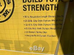 NEW Golds Gym Weights Set Olympic 110 lbs Bar Cast Iron Plates Gold Barbell