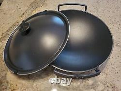 New Le Creuset 14 Black Cast Iron Wok with Metal Lid