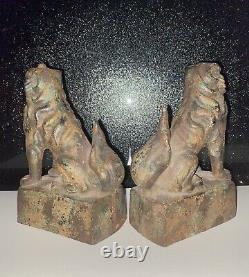 Old Chinese Cast Iron Fu Foo Dog Pair. 9 & 8.5.10.5Lbs. C-1800s