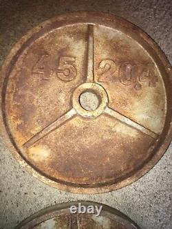 PAIR of Used Vintage Rusty 45 Lb Iron Olympic Weight Plates (90 Pounds Total)