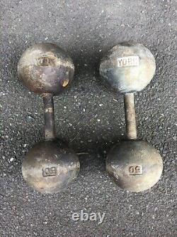 Pair Of 50 lb. Vintage York Barbell Globe Dumbbells Weightlifting