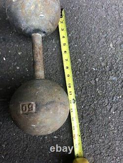 Pair Of 50 lb. Vintage York Barbell Globe Dumbbells Weightlifting