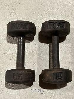 Pair Of York Roundhead Cast Iron Dumbbells (Pre-USA) 15 lbs. Each