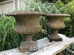 Pair of 30 lb. Vintage Antique Cast Iron Garden Planters Urns