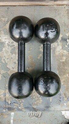Pair of Antique 13 Lb Cast Iron Globe Cannon Ball Circus Style Dumbbells vintage