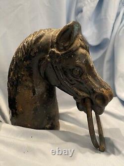 Pair of Cast Iron Horse Head Hitching Post Toppers with Rings Vintage! 14 lbs