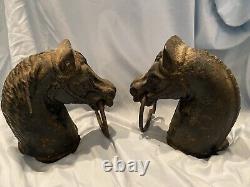 Pair of Cast Iron Horse Head Hitching Post Toppers with Rings Vintage! 14 lbs
