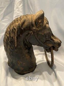 Pair of Cast Iron Horse Head Hitching Post Toppers with Rings Vintage! 14 lbs