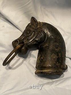 Pair of Cast Iron Horse Head Hitching Post Toppers with Rings Vintage! 14 lbs