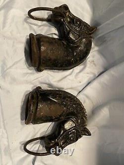 Pair of Cast Iron Horse Head Hitching Post Toppers with Rings Vintage! 14 lbs