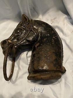 Pair of Cast Iron Horse Head Hitching Post Toppers with Rings Vintage! 14 lbs