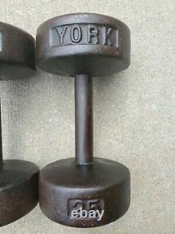 Pair of Vintage York Barbell 25 lb Dumbbells Cast Iron Roundheads