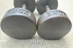 Pair of Vintage York Barbell 25 lb Dumbbells Cast Iron Roundheads