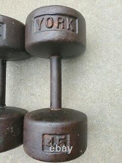 Pair of Vintage York Barbell 45 lb Dumbbells Cast Iron Roundheads