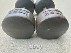 Pair of Vintage York Barbell 45 lb Dumbbells Cast Iron Roundheads