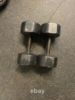 Pair of Vintage York Barbell 45 lb Dumbbells Cast Iron Roundheads, 90 lb Total