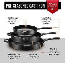 Pre-Seasoned Cast Iron 3 Piece Skillet Bundle. 12 + 10 + 8 Set of 3 Cast Iron