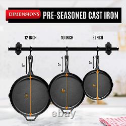 Pre-Seasoned Cast Iron 3 Piece Skillet Bundle. 12 + 10 + 8 Set of 3 Cast Iron