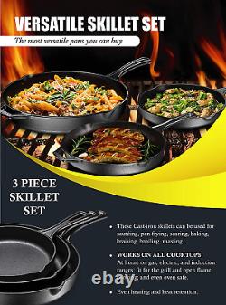 Pre-Seasoned Cast Iron 3 Piece Skillet Bundle. 12 + 10 + 8 Set of 3 Cast Iron