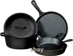 Pre-Seasoned Cast Iron 5 Piece Cookware Set Serving Pot Frying Pan With Lid