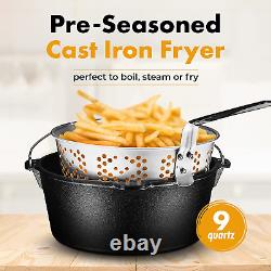 Pre-Seasoned Cast Iron Fish Fryer 9 Quart Stock Pot Dutch Oven with Aluminum Bas