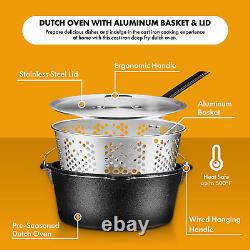 Pre-Seasoned Cast Iron Fish Fryer 9 Quart Stock Pot Dutch Oven with Aluminum Bas