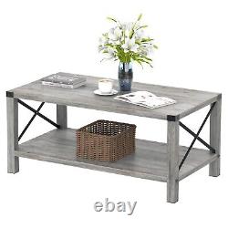 Rectangle Coffee Table 2-Tier Farmhouse for Living Room Wood Look Grey Tea Table