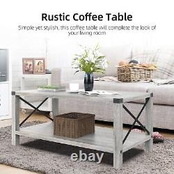 Rectangle Coffee Table 2-Tier Farmhouse for Living Room Wood Look Grey Tea Table