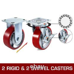Red 4PCS Heavy Duty Caster Set 6 Polyurethane on Cast Iron Wheels No Mark