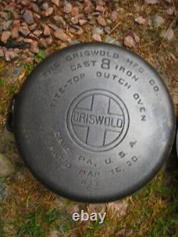 Restored Antique Griswold # 8 Cast Iron Dutch Oven with Lid 833 E