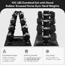 Rubber Coated Hex Dumbbell Weight Set and Storage Rack 100LB Set Cast Iron