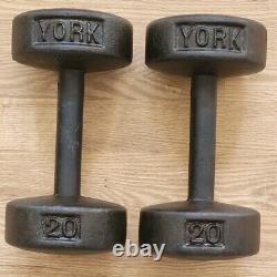 Set Pair Vintage YORK Cast Iron 20lb RoundHead Dumbbells Made In USA