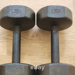 Set Pair Vintage YORK Cast Iron 20lb RoundHead Dumbbells Made In USA