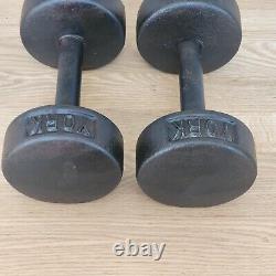 Set Pair Vintage YORK Cast Iron 20lb RoundHead Dumbbells Made In USA
