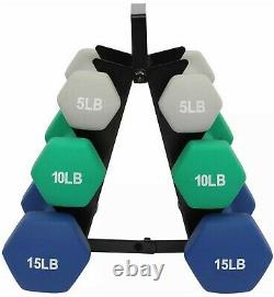 Set of 6 Cast Iron Dumbbells Neoprene Coating 3 Pairs 5 lb 10 lb 15 lb with Stand