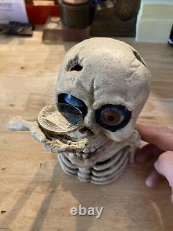 Skull Mechanical Piggy Bank Cast Iron Collector 5+ LBS Patina Skeleton Halloween