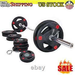 US Cast Iron Olympic Weight Including 7FT Olympic Barbell & Clips 300 lb Set Gym