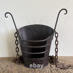 Unique Antique Primitive Hanging Cast Iron Metal Basket with Chain 4lbs