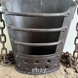 Unique Antique Primitive Hanging Cast Iron Metal Basket with Chain 4lbs