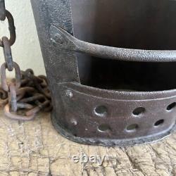Unique Antique Primitive Hanging Cast Iron Metal Basket with Chain 4lbs