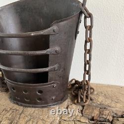 Unique Antique Primitive Hanging Cast Iron Metal Basket with Chain 4lbs
