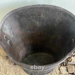 Unique Antique Primitive Hanging Cast Iron Metal Basket with Chain 4lbs