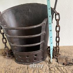 Unique Antique Primitive Hanging Cast Iron Metal Basket with Chain 4lbs