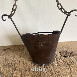 Unique Antique Primitive Hanging Cast Iron Metal Basket with Chain 4lbs