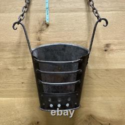 Unique Antique Primitive Hanging Cast Iron Metal Basket with Chain 4lbs