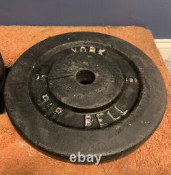 Pair 2 1/2 POUND YORK BARBELL Weight Plates 5 lb total Vintage Cast Iron 1" Bar