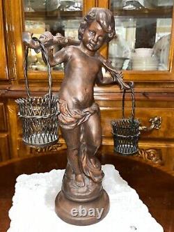 VTG Solid Cast Iron 15.5 Statue Boy Art Nouveau Bronze Tone Paint Heavy 8.6 lbs