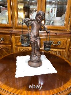 VTG Solid Cast Iron 15.5 Statue Boy Art Nouveau Bronze Tone Paint Heavy 8.6 lbs
