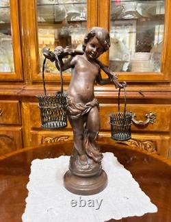 VTG Solid Cast Iron 15.5 Statue Boy Art Nouveau Bronze Tone Paint Heavy 8.6 lbs