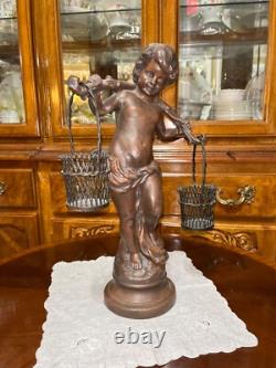 VTG Solid Cast Iron 15.5 Statue Boy Art Nouveau Bronze Tone Paint Heavy 8.6 lbs